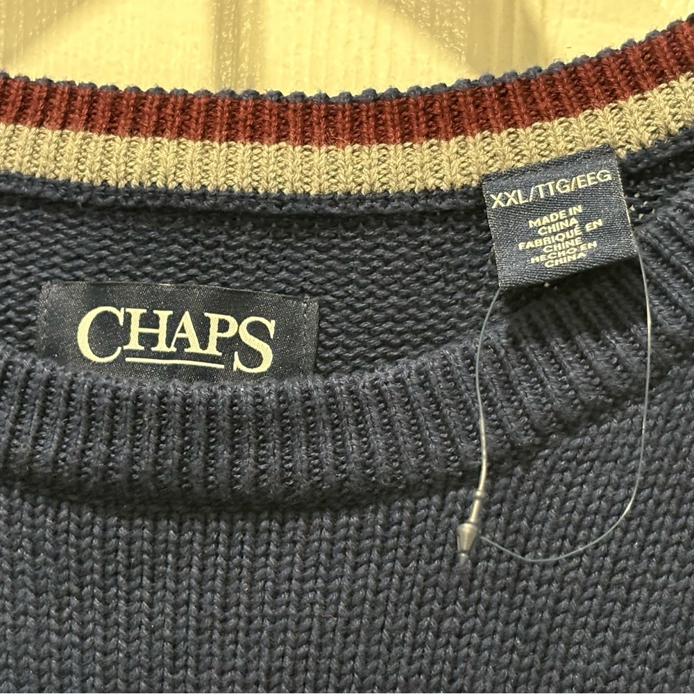 Chaps Sweater Mens XXL Crew Neck Long Sleeve Navy Blue Cotton Tight Knit‎ Logo - Picture 4 of 5